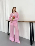 İspanyol Paça Transparan Gömlek-Pantolon Takım Pembe