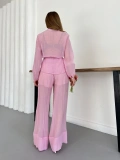 İspanyol Paça Transparan Gömlek-Pantolon Takım Pembe