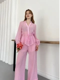İspanyol Paça Transparan Gömlek-Pantolon Takım Pembe
