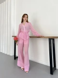 İspanyol Paça Transparan Gömlek-Pantolon Takım Pembe