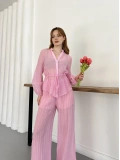 İspanyol Paça Transparan Gömlek-Pantolon Takım Pembe