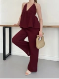 Boyundan Bağlamalı Bürümcük Bluz-Pantolon Takım Bordo