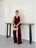 Boyundan Bağlamalı Bürümcük Bluz-Pantolon Takım Bordo