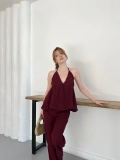 Boyundan Bağlamalı Bürümcük Bluz-Pantolon Takım Bordo