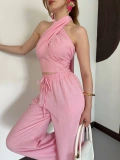 Boyundan Bağlamalı Keten Viral Takım Pembe