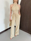 Boyundan Bağlamalı Keten Viral Takım Bej