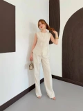 Ham Keten Gizli Düğmeli Yelek-Pantolon Takım Bej