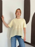 Modal Kumaş Garnili Asimetrik Oversize Tişört Sarı