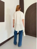 Modal Kumaş Garnili Asimetrik Oversize Tişört Ekru