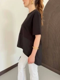 Modal Kumaş Garnili Asimetrik Oversize Tişört Siyah