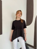 Modal Kumaş Garnili Asimetrik Oversize Tişört Siyah