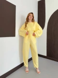 Pelerin Detaylı Bluz Bel Lastikli Pantolon Takım Sarı