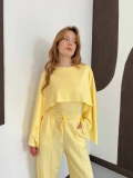 Pelerin Detaylı Bluz Bel Lastikli Pantolon Takım Sarı