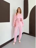 Pelerin Detaylı Bluz Bel Lastikli Pantolon Takım Pembe