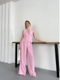 Yaka Detaylı Keten Kumaş Yelek-Pantolon Takım Pembe