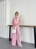 Yaka Detaylı Keten Kumaş Yelek-Pantolon Takım Pembe