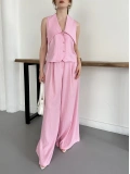 Yaka Detaylı Keten Kumaş Yelek-Pantolon Takım Pembe