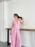 Yaka Detaylı Keten Kumaş Yelek-Pantolon Takım Pembe