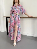 Hasır Kemer Detaylı Çiçek Desen Gömlek Elbise Pembe