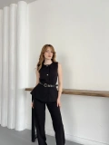 Double Kumaş Kemer Detaylı Yelek-Pantolon Takım Siyah