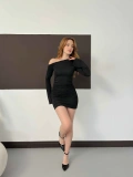Asimetrik Yaka Tek Omuz Mini Elbise Siyah