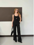 Askılı Çapraz Bağcık Detaylı Bel Pencereli Denim Tulum Siyah