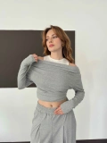Atlet Detaylı Dökümlü Bluz-Pantolon Takım Gri