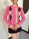 Baklava Desen Dantel Detay Triko Hırka Pembe