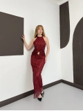 Bel Aksesuar Detaylı Halter Yaka Simli Elbise Bordo