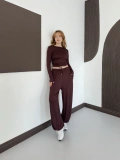 Bel Drape Detay Bluz-Pantolon Rahat Kesim Takım Kahve