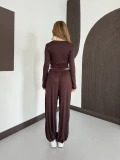Bel Drape Detay Bluz-Pantolon Rahat Kesim Takım Kahve