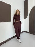 Bel Drape Detay Bluz-Pantolon Rahat Kesim Takım Kahve