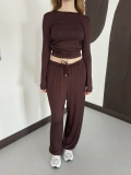Bel Drape Detay Bluz-Pantolon Rahat Kesim Takım Kahve
