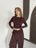 Bel Drape Detay Bluz-Pantolon Rahat Kesim Takım Kahve