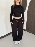 Bel Drape Detay Bluz-Pantolon Rahat Kesim Takım Siyah