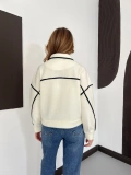 Beyaz Şerit Detaylı Dik Yaka Crop Hırka Ekru