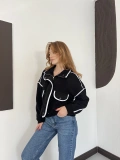 Beyaz Şerit Detaylı Dik Yaka Crop Hırka Siyah