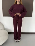 Bisiklet Yaka Piliseli Crop-Pantolon Takım Bordo
