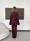Bisiklet Yaka Piliseli Crop-Pantolon Takım Bordo