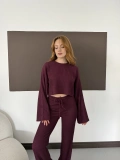 Bisiklet Yaka Piliseli Crop-Pantolon Takım Bordo