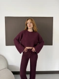 Bisiklet Yaka Piliseli Crop-Pantolon Takım Bordo