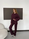 Bisiklet Yaka Piliseli Crop-Pantolon Takım Bordo