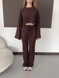 Bisiklet Yaka Piliseli Crop-Pantolon Takım Kahve