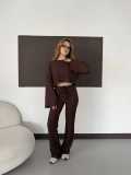 Bisiklet Yaka Piliseli Crop-Pantolon Takım Kahve