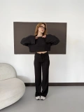 Bisiklet Yaka Piliseli Crop-Pantolon Takım Siyah