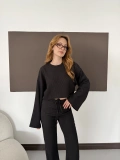 Bisiklet Yaka Piliseli Crop-Pantolon Takım Siyah