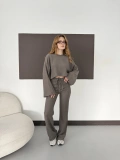 Bisiklet Yaka Piliseli Crop-Pantolon Takım Vizon
