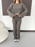 Bisiklet Yaka Piliseli Crop-Pantolon Takım Vizon