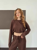 Bisiklet Yaka Rahat Kesim Modal Takım Kahve