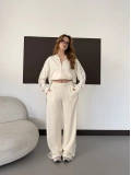 Biye Detaylı Kapüşonlu Oversize Takım Ekru